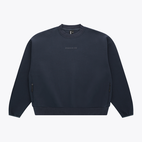 Navy unisex crewneck knit sweater with small chest logo and ribbed cuffs #Navy