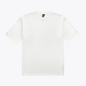 A white boxy crewneck t-shirt with a small, tonal embroidered logo on the center chest, displayed flat against a light gray background. | Osaka World USA #White