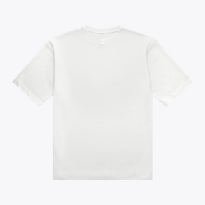A white boxy short-sleeve t-shirt shown from the back, featuring a small tonal embroidered logo centered below the neckline, set against a plain white background. | Osaka World USA #White