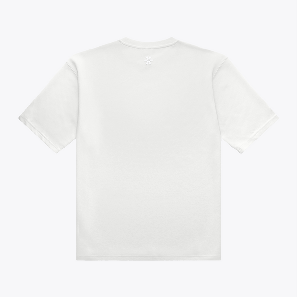 A white boxy short-sleeve t-shirt shown from the back, featuring a small tonal embroidered logo centered below the neckline, set against a plain white background. | Osaka World USA #White