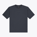 A navy boxy crewneck t-shirt with a small tonal embroidered logo on the left chest, displayed flat against a light gray background. #Navy