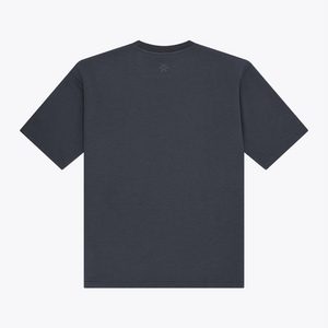 A navy boxy short-sleeve t-shirt shown from the back, featuring a small tonal embroidered logo centered below the neckline, set against a plain white background. | Osaka World USA #Navy