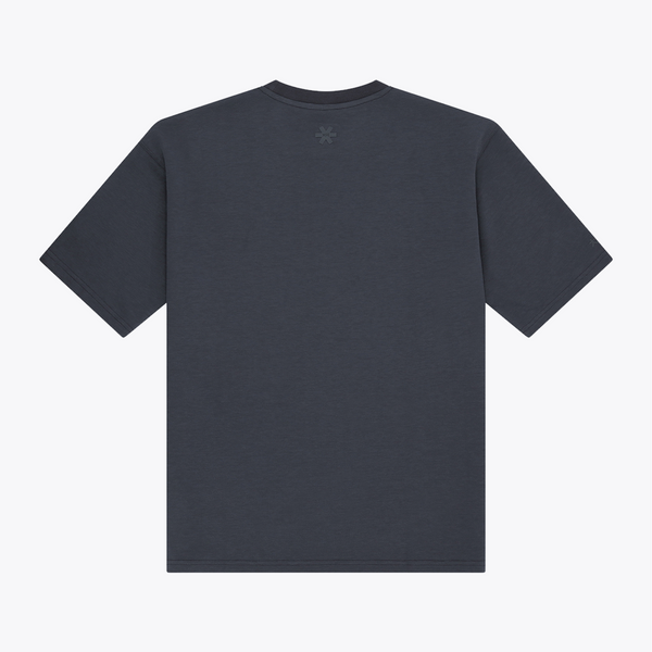 A navy boxy short-sleeve t-shirt shown from the back, featuring a small tonal embroidered logo centered below the neckline, set against a plain white background. | Osaka World USA #Navy