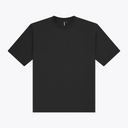 A black boxy crewneck t-shirt with a small, tonal embroidered logo on the center chest, displayed flat against a light gray background. | Osaka World USA #Black