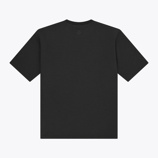A black boxy short-sleeve t-shirt shown from the back, featuring a small tonal embroidered logo centered below the neckline, set against a plain white background. | Osaka World USA #Black