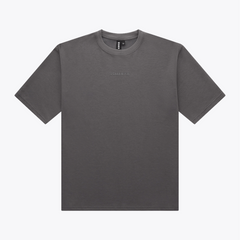 A dark gray crewneck t-shirt with a small, tonal embroidered logo on the center chest, displayed flat against a light gray background. | Osaka World USA #DarkGrey