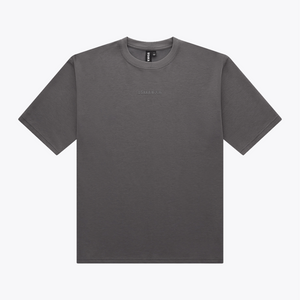 A dark gray crewneck t-shirt with a small, tonal embroidered logo on the center chest, displayed flat against a light gray background. | Osaka World USA #DarkGrey