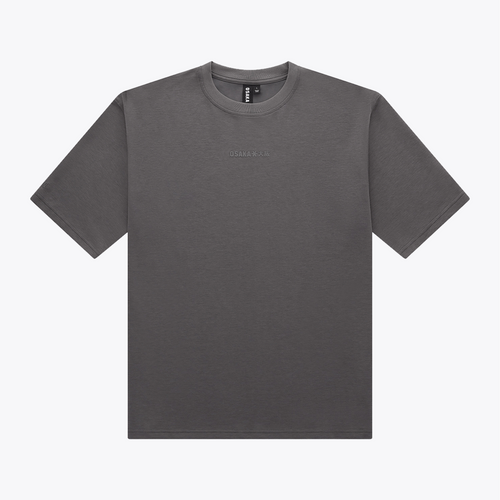 A dark gray crewneck t-shirt with a small, tonal embroidered logo on the center chest, displayed flat against a light gray background. | Osaka World USA #DarkGrey