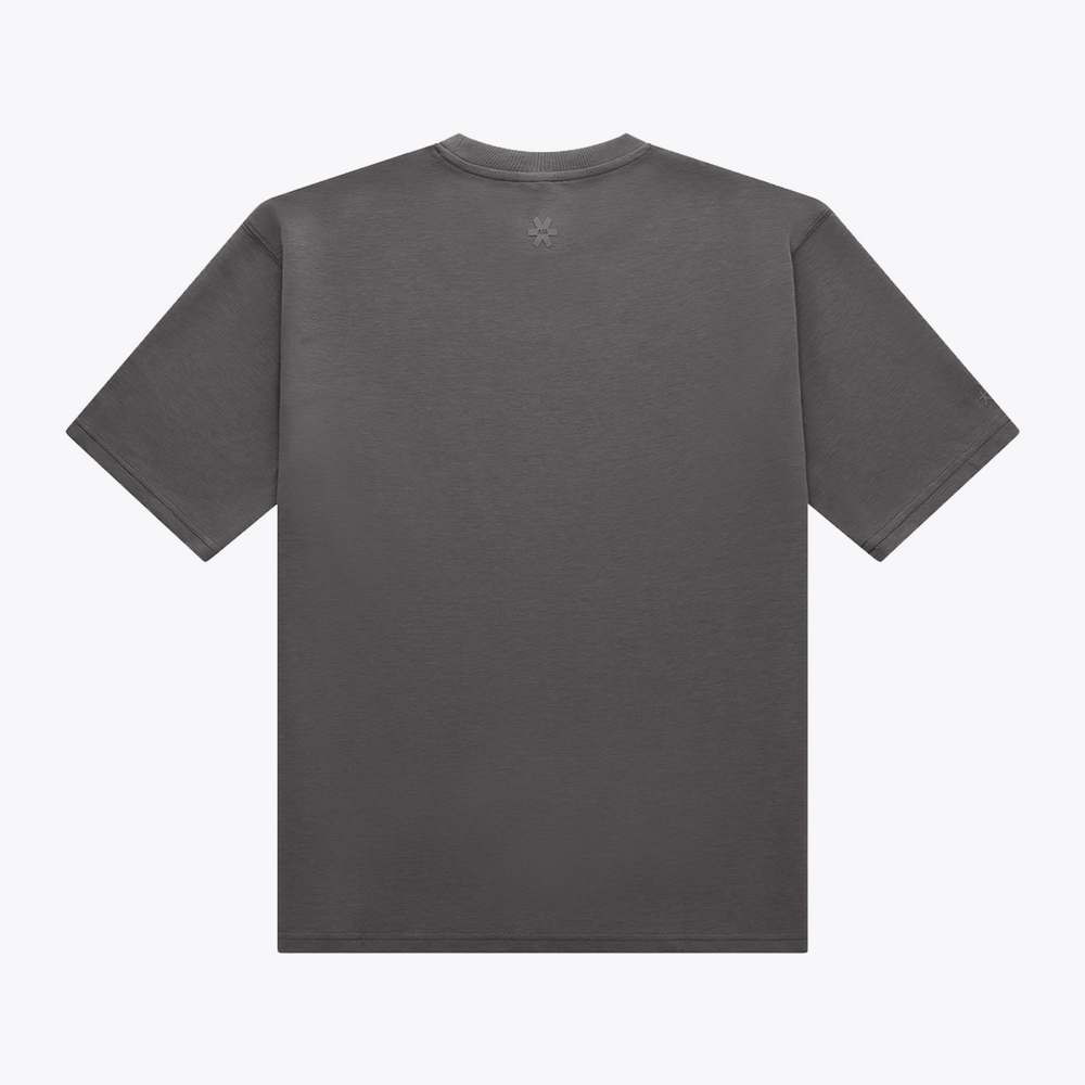 A dark gray crewneck t-shirt with a small, tonal embroidered logo on the center chest, displayed flat against a light gray background. | Osaka World USA #DarkGrey