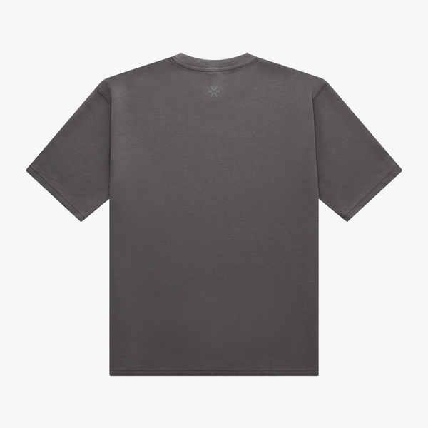 A dark gray short-sleeve t-shirt shown from the back, featuring a small tonal embroidered logo centered below the neckline, set against a plain white background. | Osaka World USA #DarkGrey