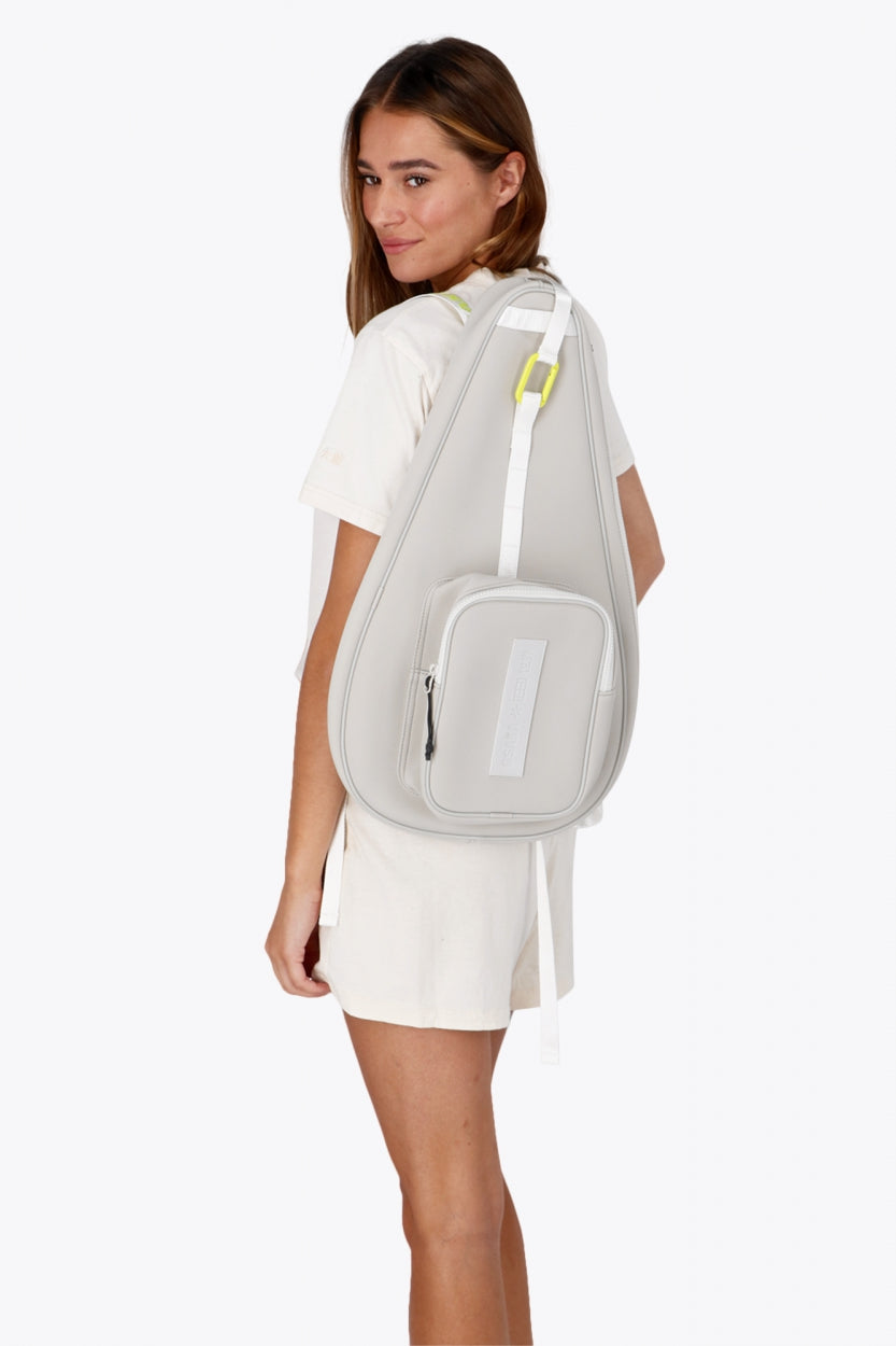 Osaka neoprene padel bag in light grey with logo in white. Front view