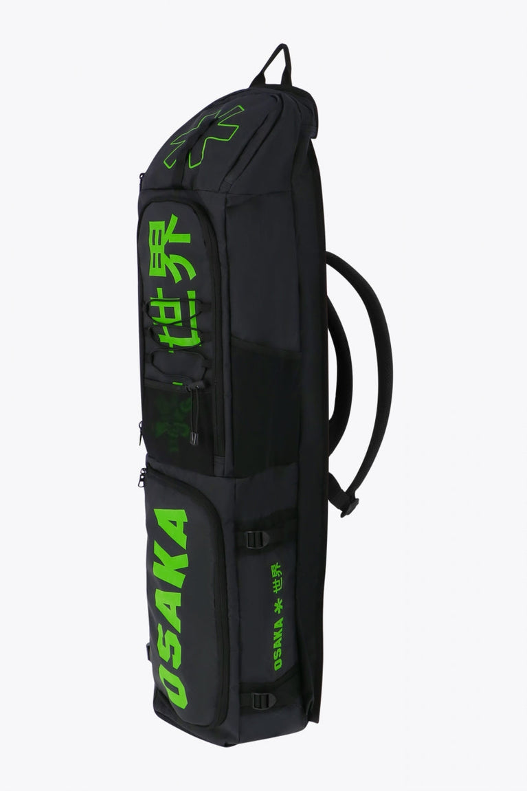 Pro Tour stickbag large in black with logo in green. Side view