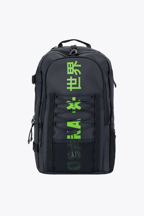 Osaka Pro Tour backpack in black with logo in green. Front view