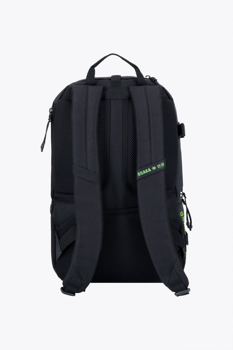 Osaka Pro Tour backpack in black with logo in green. Back view