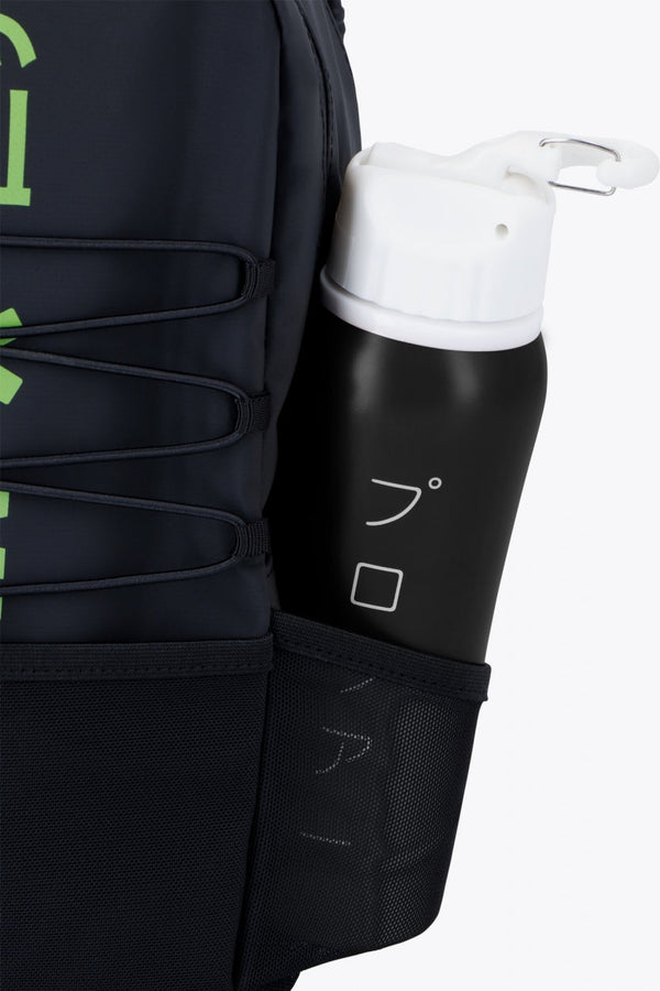 Osaka pro tour backpack compact in black with logo in green. Detail bottle holder view