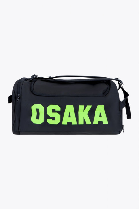 Osaka sports duffel bag in black with logo in green. Front view