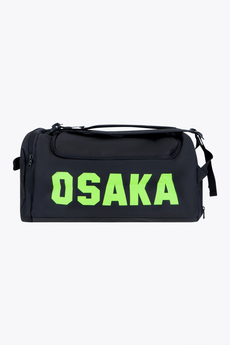 Osaka sports duffel bag in black with logo in green. Front view