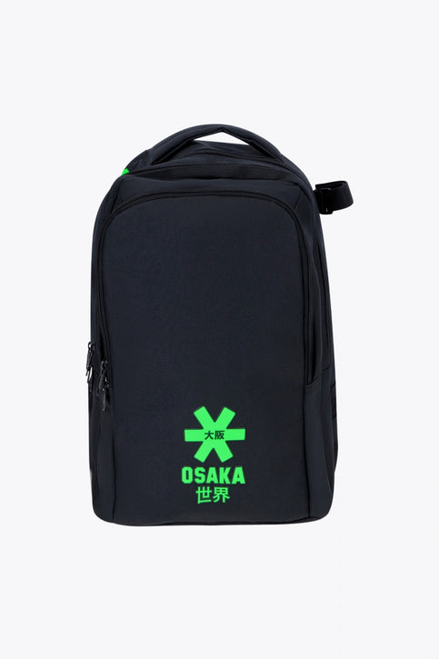 Osaka sports backpack in black with logo in green. Front view
