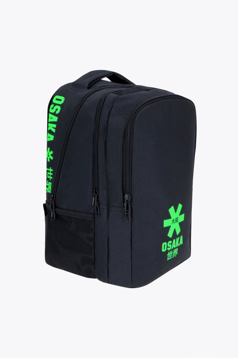Osaka sports backpack in black with logo in green. Front view