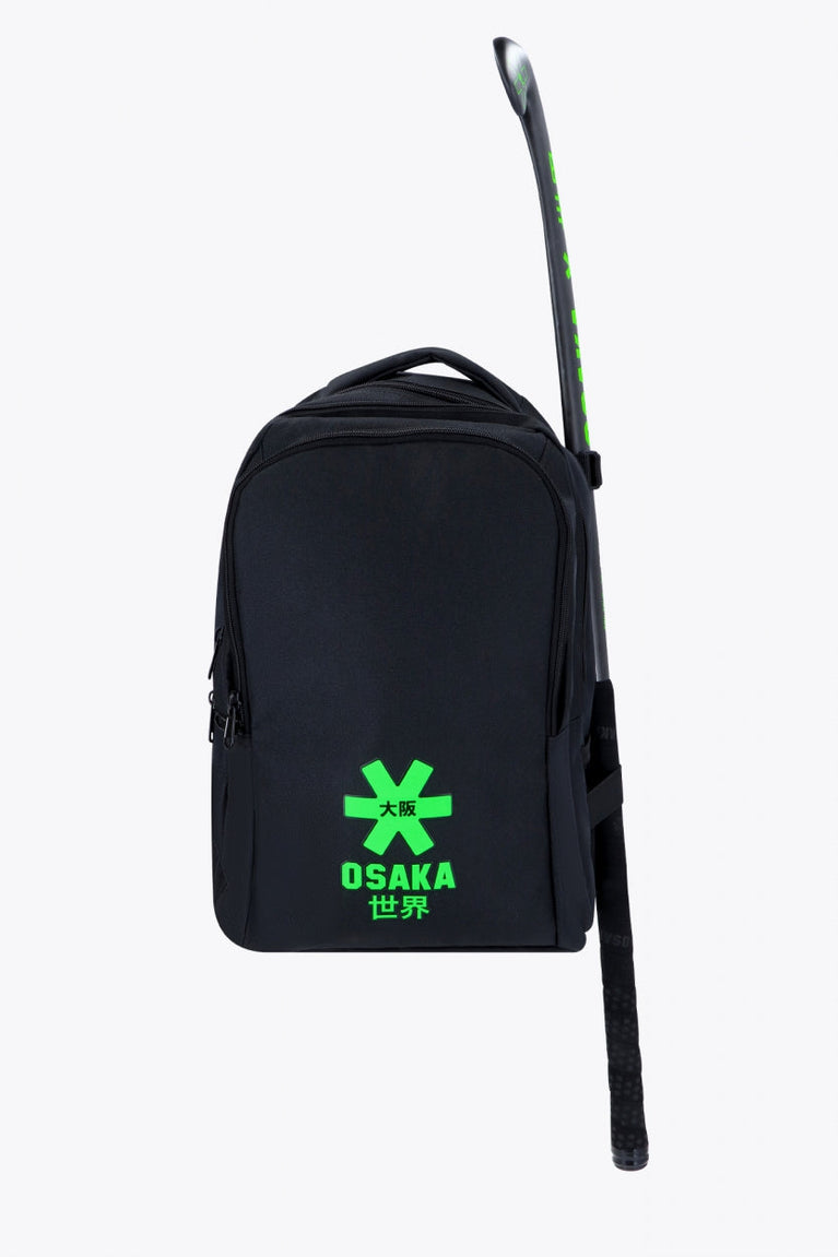 Osaka sports backpack in black with logo in green. Front view
