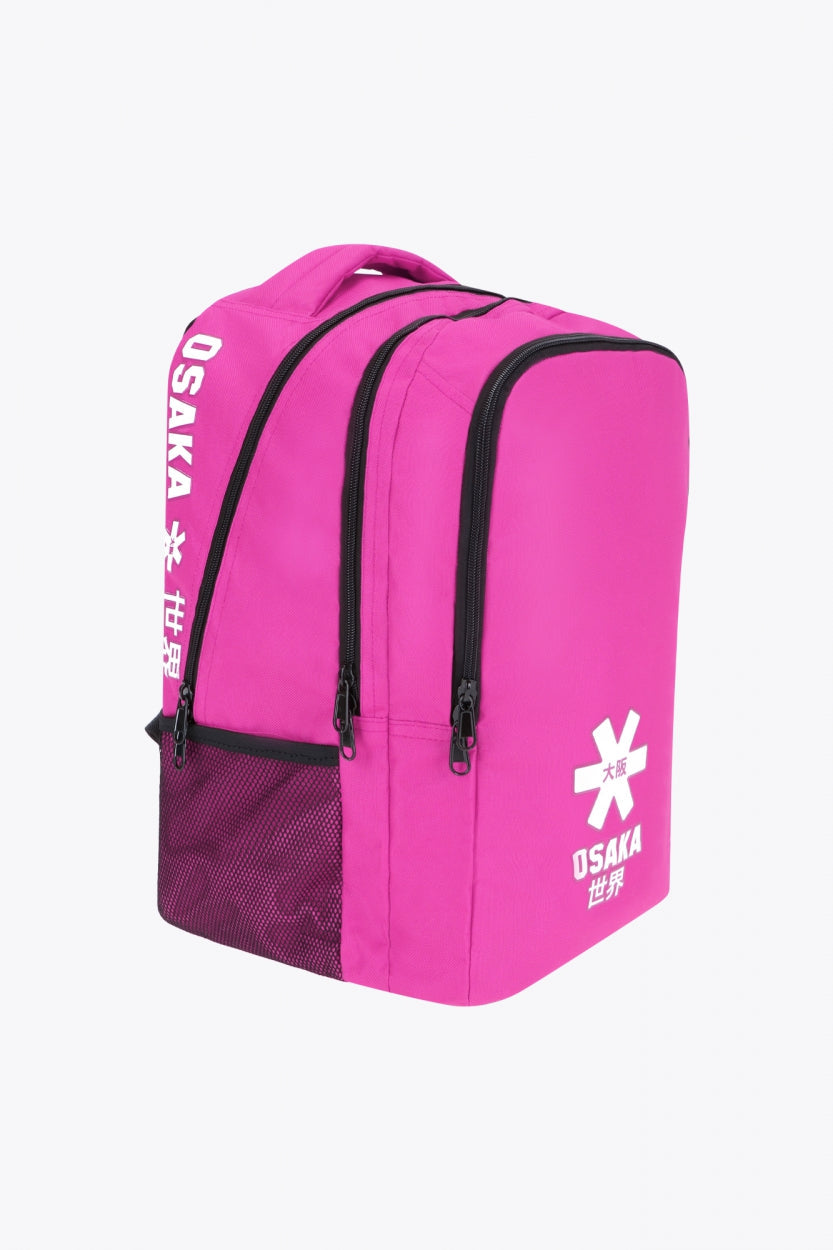 Osaka sports backpack in pink with logo in white. Front view