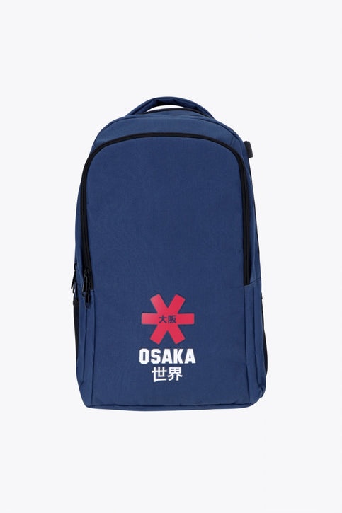 Osaka sports backpack in navy with logo in white and red. Front view