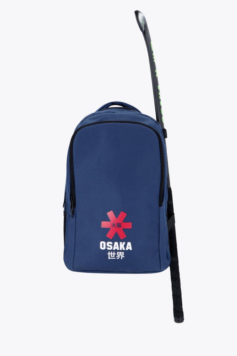 Osaka sports backpack in navy with logo in white and red. Front view