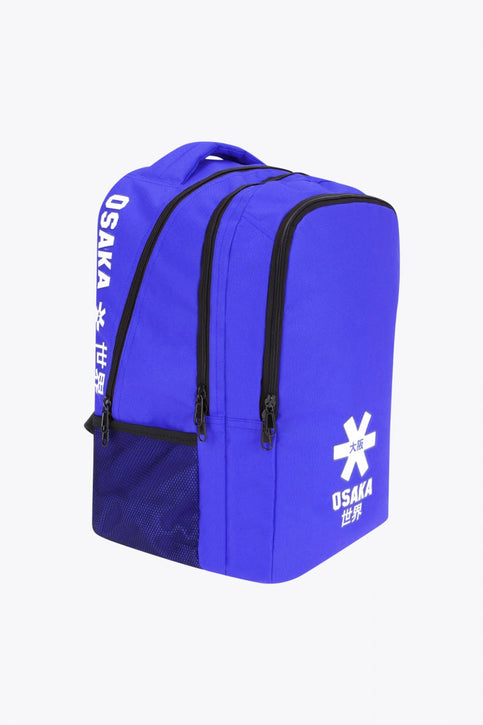 Osaka sports backpack in blue with logo in white. Front view