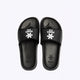 Osaka slippers black with logo in white. From above view