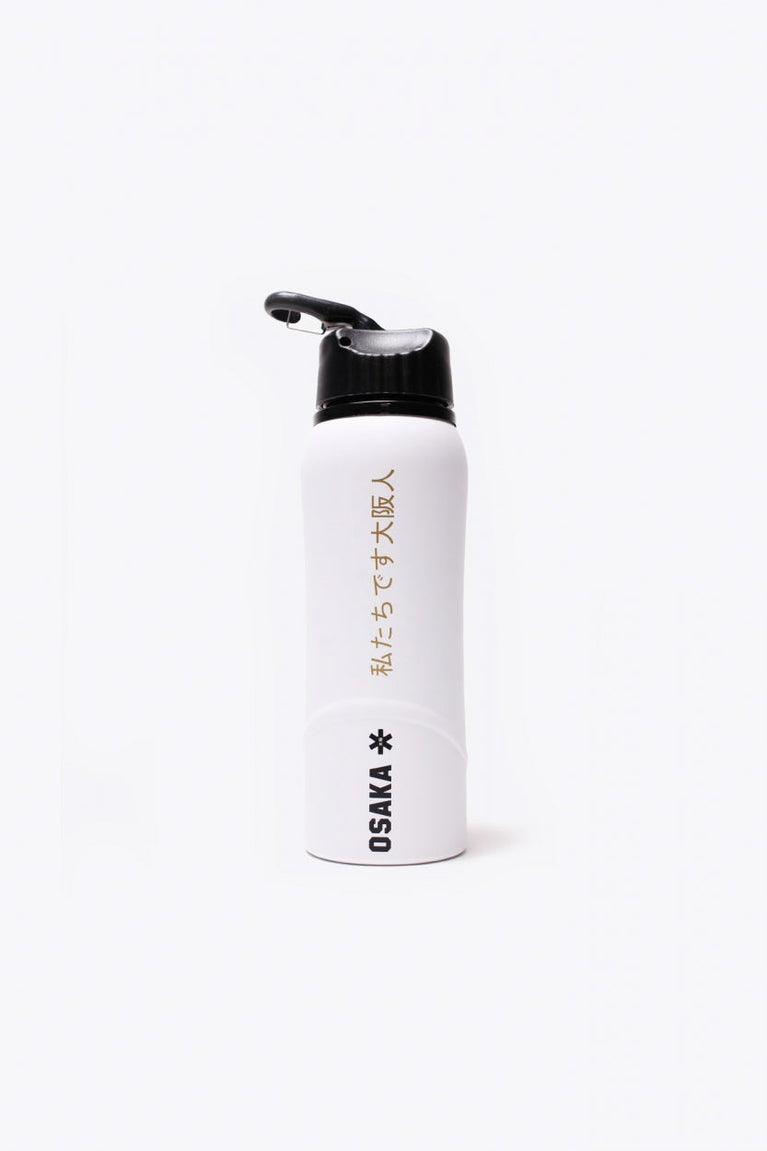 Osaka Kuro aluminium water bottle in white with logo in black. Back view