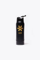 Osaka Kuro aluminium water bottle in black with logo in bronze. Front view