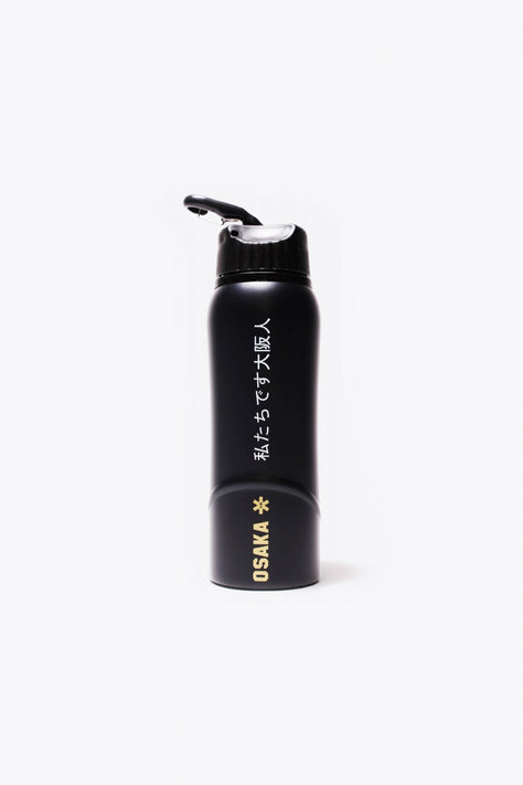 Osaka Kuro aluminium water bottle in black with logo in bronze. Front view