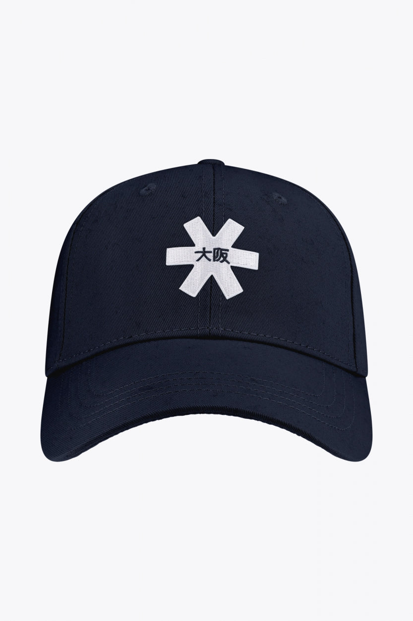 Osaka baseball cap in navy with logo in white. Side view