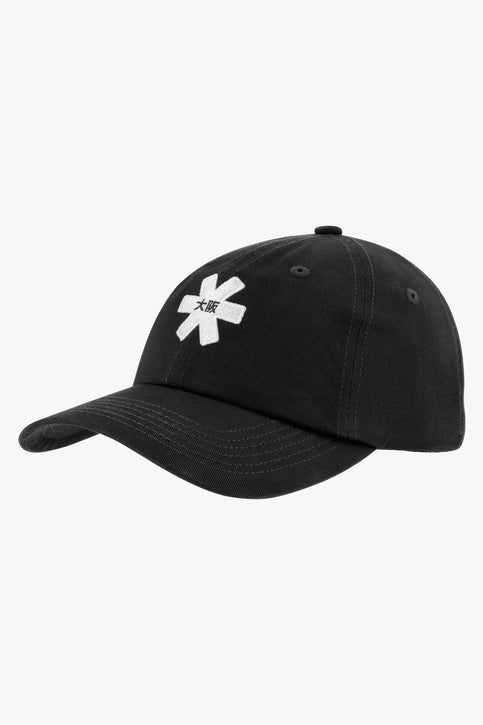 Osaka baseball cap in black with logo in white. Side view