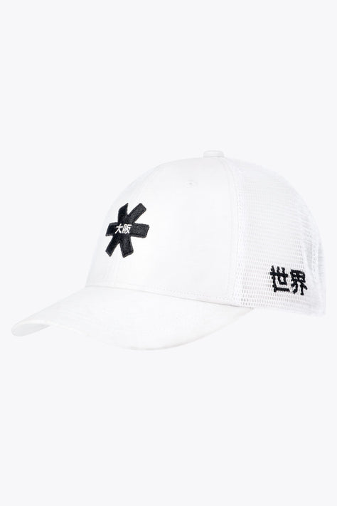Osaka trucker cap in white with logo in black. Side view