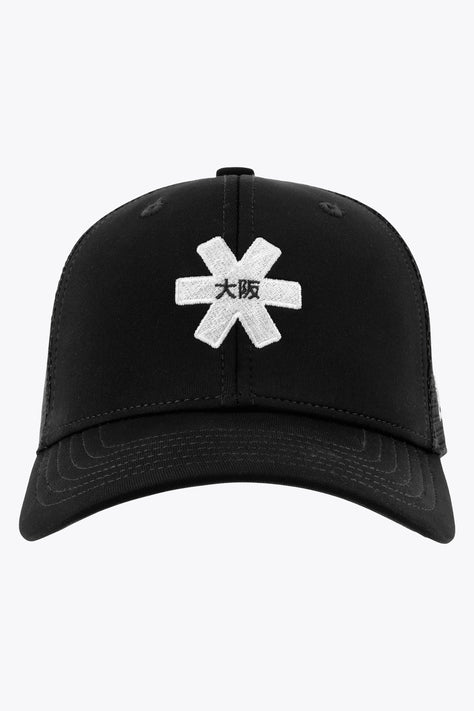 Osaka trucker cap in black with logo in white. Side view