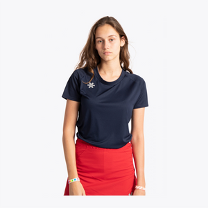 Osaka Women Training Tee red #Navy |  Close up of model
