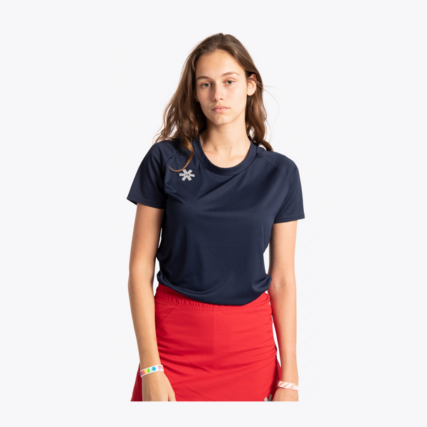 Osaka Women Training Tee red #Navy |  Close up of model