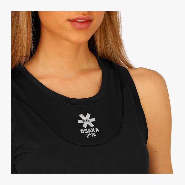 Osaka World Floucy Dress Black | #Black  | Close up of model chest