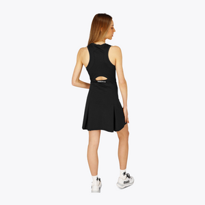 Osaka World Floucy Dress Black | #Black  | Back of female model