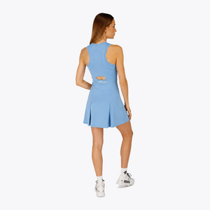 Osaka World Floucy Dress Silver Lake Blue | #SilverLakeBlue | Back of female model