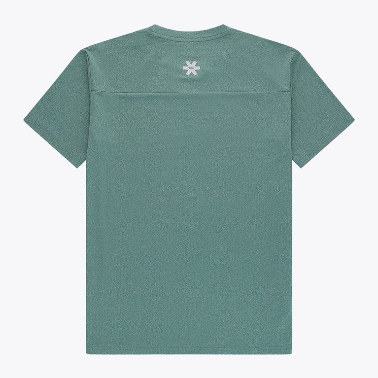 Back view of the Osaka Men’s Apex Training Tee in Pineneedle green showcasing the athletic fit, rear shoulder panel detail, and reflective Osaka star logo below the neckline.