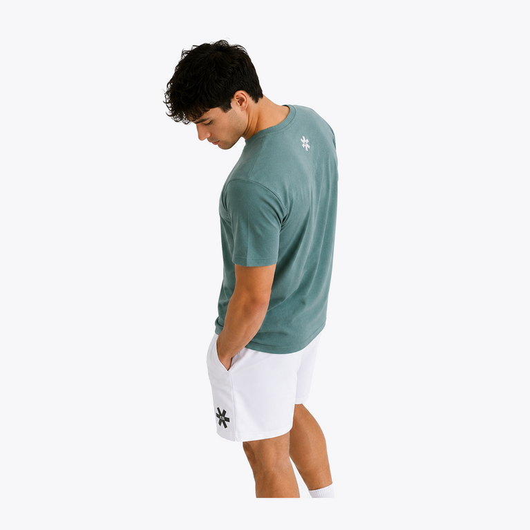 Male model wearing the Osaka Men’s Apex Training Tee in Pineneedle green with white training shorts, highlighting the athletic fit, reflective chest logo, and lightweight performance fabric.