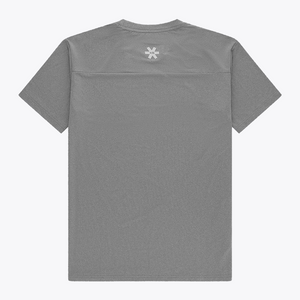 Back view of Osaka Men’s Apex Training Tee in Quiet Gray featuring reflective back logo, athletic fit, and breathable moisture-wicking fabric. #QuiteGray