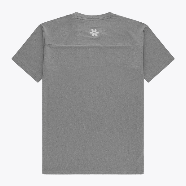 Back view of Osaka Men’s Apex Training Tee in Quiet Gray featuring reflective back logo, athletic fit, and breathable moisture-wicking fabric. #QuiteGray