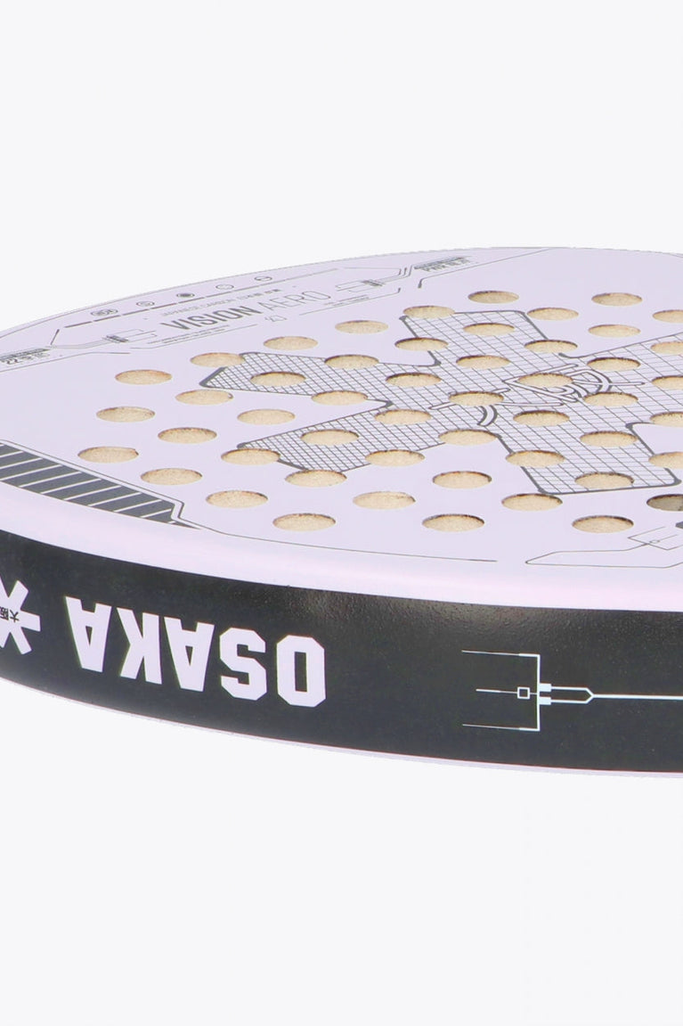 Osaka vision padel racket lila with logo in black. Detail side logo view