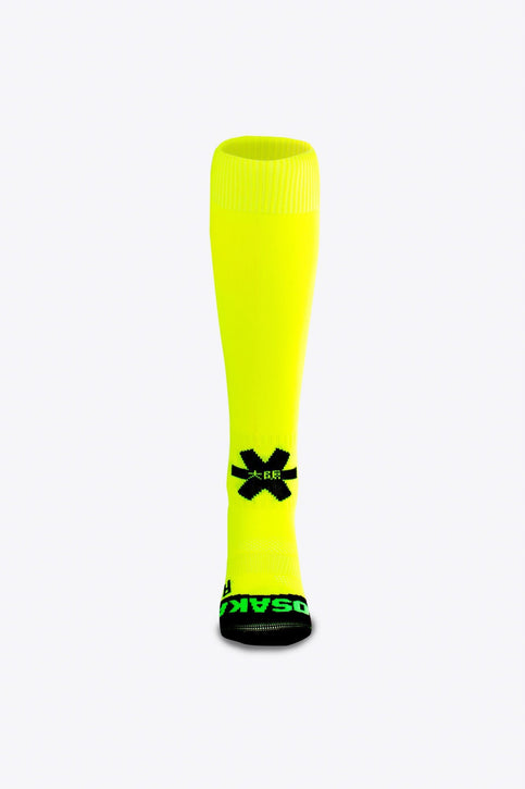 Osaka Field Hockey Socks in yellow with Osaka logo in green. Front view