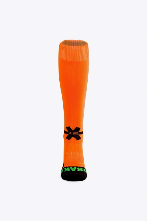Osaka Field Hockey Socks in orange with Osaka logo in green. Front view