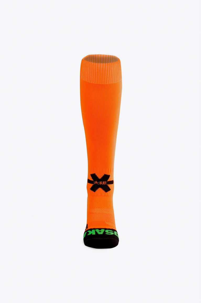 Osaka Field Hockey Socks in orange with Osaka logo in green. Front view