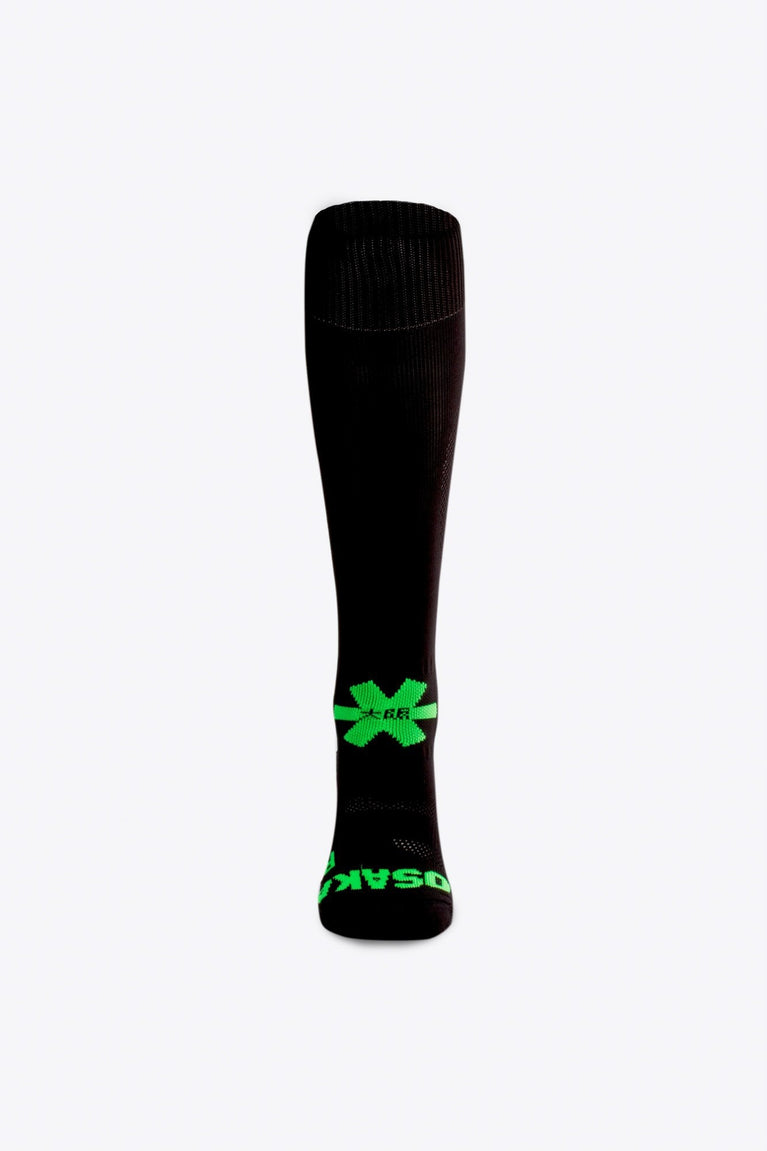 Osaka Field Hockey Socks black with Osaka logo in green. Front view